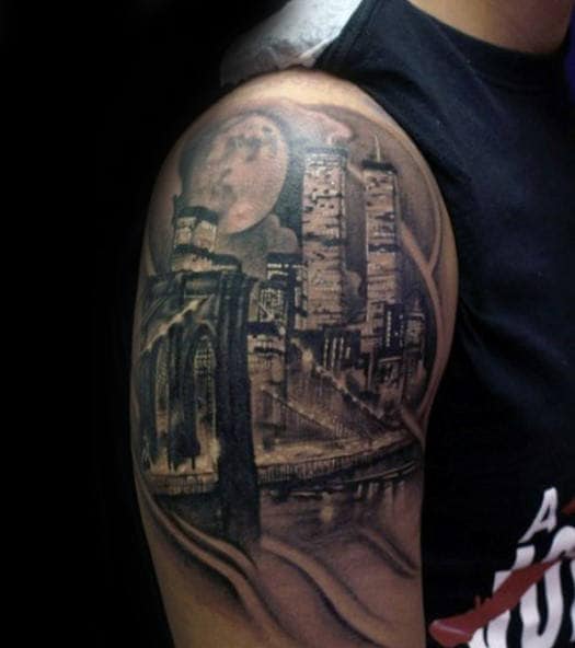 Mens New York City At Night City Skyline Quarter Sleeve Tattoos