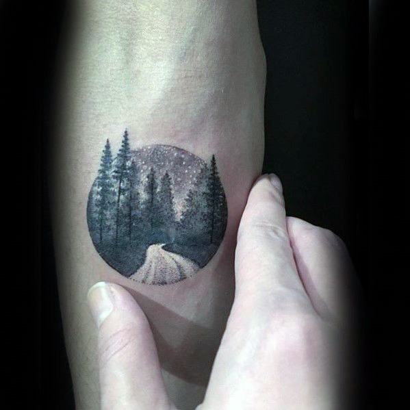 Mens Night Sky With Road And Forest Of Trees Simple Forearm Tattoo