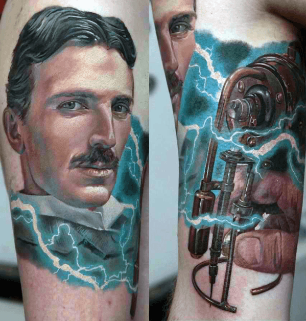 Realistic color tattoo of Nikola Tesla with vibrant blue lightning and detailed rendering of his hand holding an electrical device.