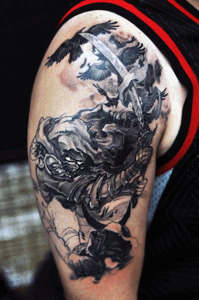 Mens Ninja With Sword Flying Crows Arm Tattoo