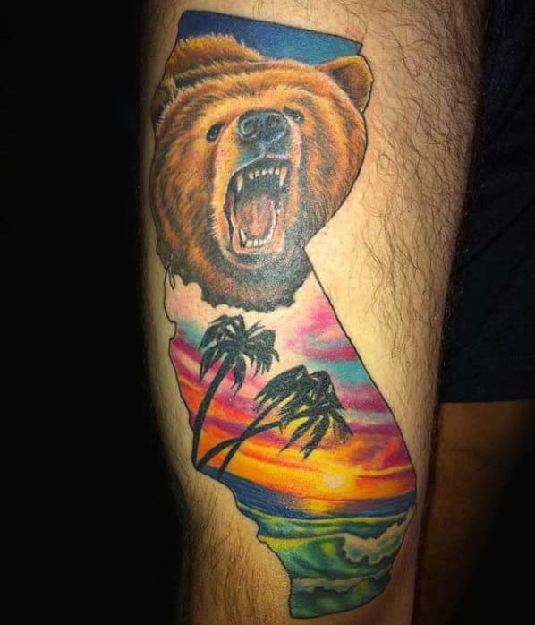 Mens Ocean Beach Bear California Leg Tattoos
