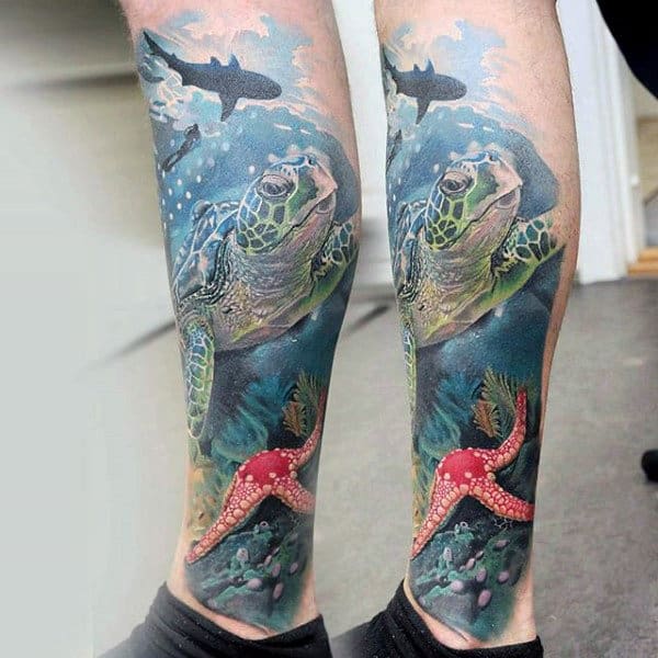 Mens Ocean Themed Animal Leg Sleeve Tattoo