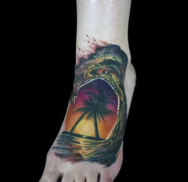 Mens Ocean Wave Palm Trees 3d Small Foot Tattoo Ideas