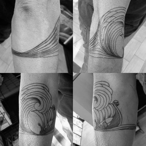 Mens Ocean Wave Viking Ship Forearm Band Tattoo