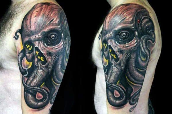 Octopus intertwined with a skull, accented by a radioactive symbol in vibrant yellow, creating a bold and edgy design with vivid colors and dramatic shading.