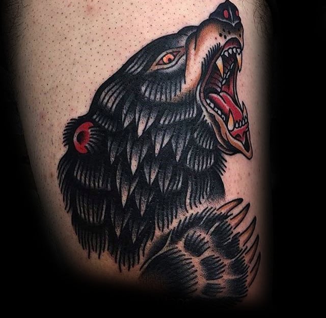 Mens Old School Bear Claw Upper Thigh Tattoo