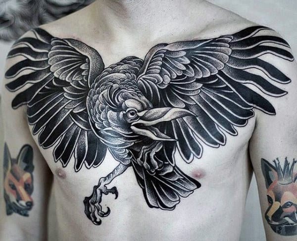 Mens Old School Black Ink Crow Tattoo On Chest