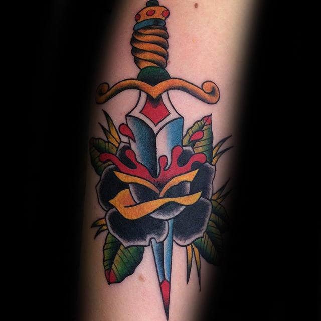 Mens Old School Black Rose Dagger Arm Tattoo
