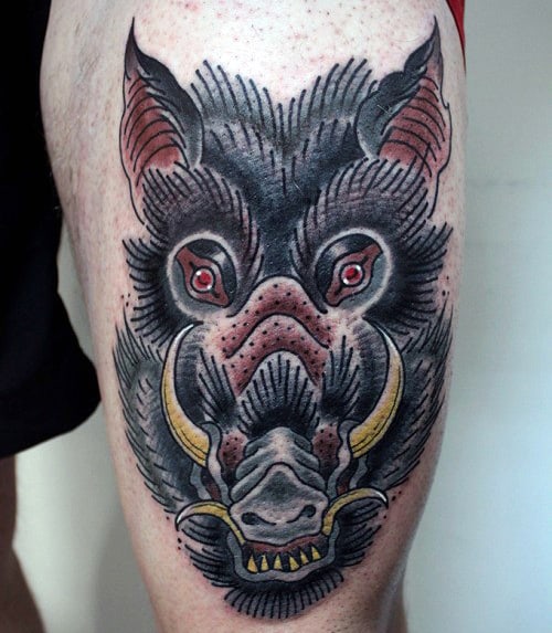 Mens Old School Boar Thigh Tattoo Deisgns