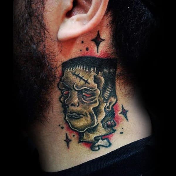 Mens Old School Frankenstein Tattoo On Upper Neck