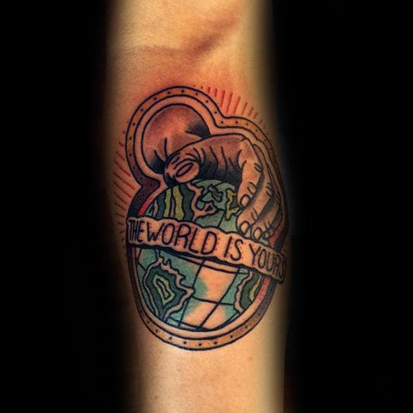 Mens Old School Hand With Globe The World Is Yours Inner Forearm Tattoos