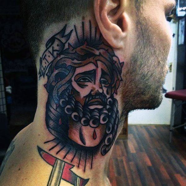 Mens Old School Jesus Neck Tattoo Design
