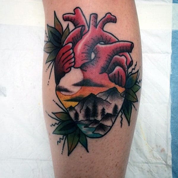 Mens Old School Nature Landscape Heart Traditional Tattoos