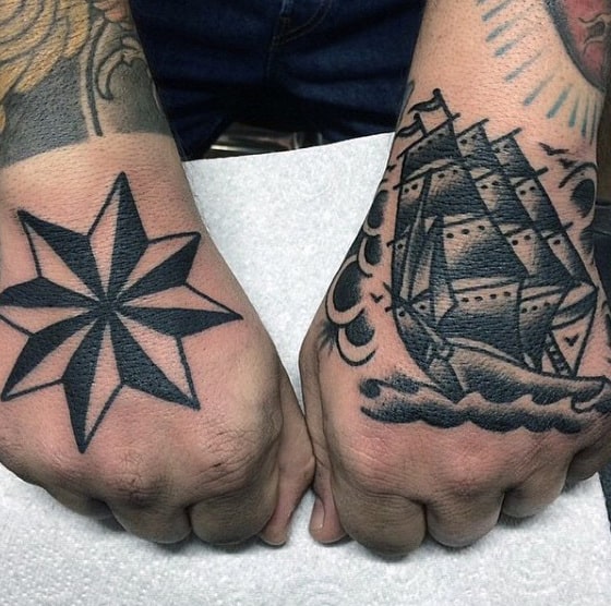 Mens Old School Nautical Star Hand Tattoo With Black Ink