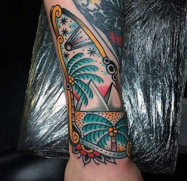 Mens Old School Pyramid With Palm Trees Forearm Tattoo