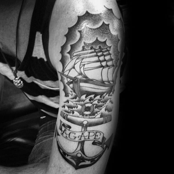 Mens Old School Sailing Ship With Agape Banner Arm Tattoo Designs