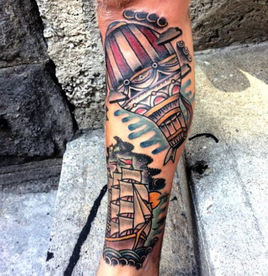 Mens Old School Sailing Ship With Hot Air Balloon Traditional Tattoos