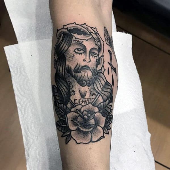 Mens Old School Side Of Leg Traditional Jesus Tattoos