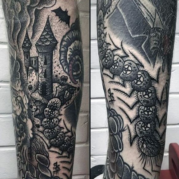 Mens Old School Style Castle Tattoo Sleeve