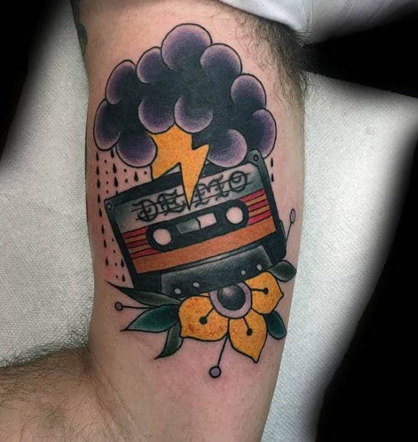 Mens Old School Traditional Cassette Tape Storm Cloud Tattoo On Arm