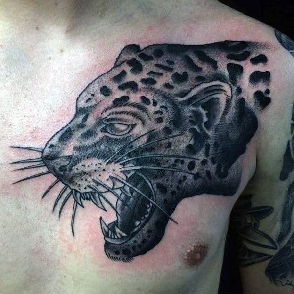 Mens Old School Traditional Leopard Upper Chest Tattoo