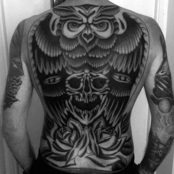 Mens Old School Traditional Owl Skull And Rose Flowers Full Back Tattoo