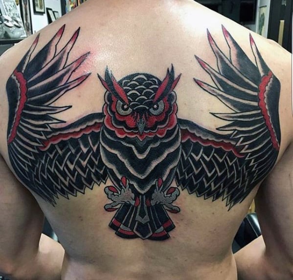 Mens Old School Traditional Red And Black Owl Back Tattoos