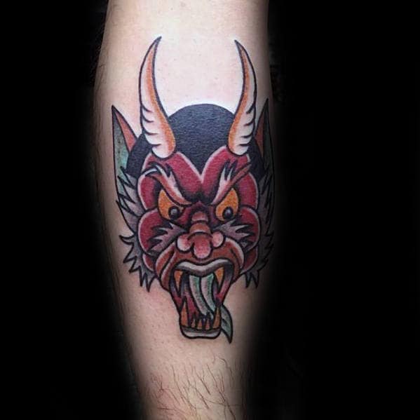 Mens Old School Traditional Red Devil Head Tattoo On Legs