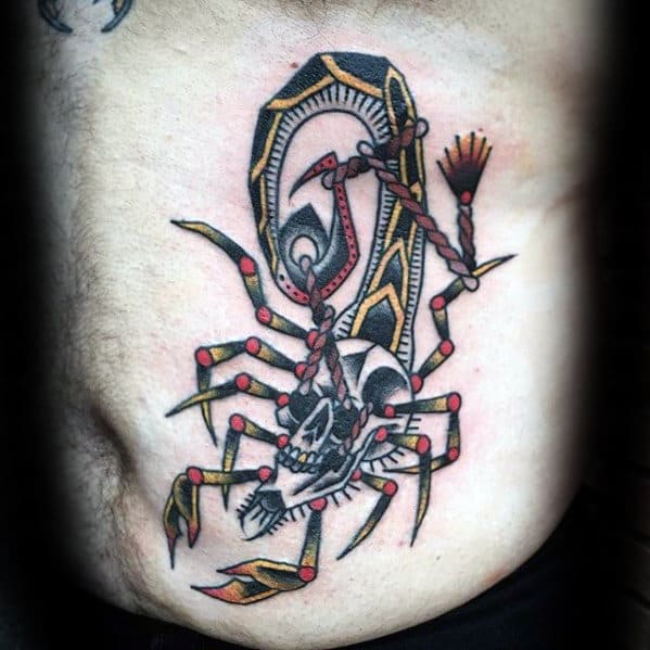 Mens Old School Traditional Scorpion Rib Cage Side Skull Tattoo