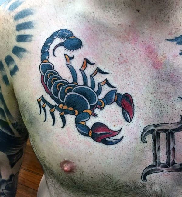 Mens Old School Upper Chest Traditional Scorpion Tattoo