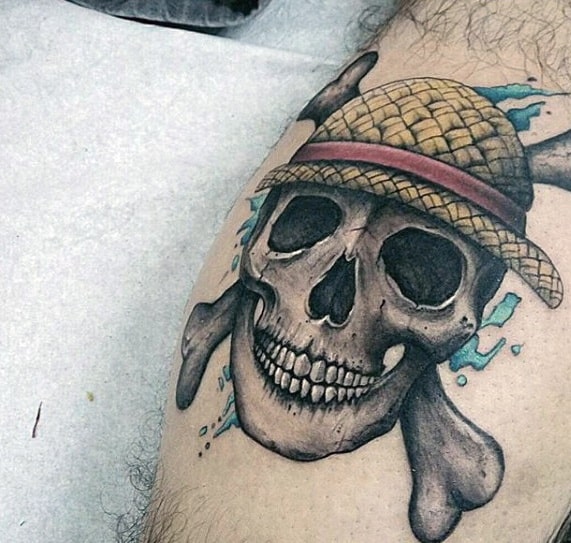 Mens One Piece Anime Tattoo Ideas Skull Design On Leg Calf