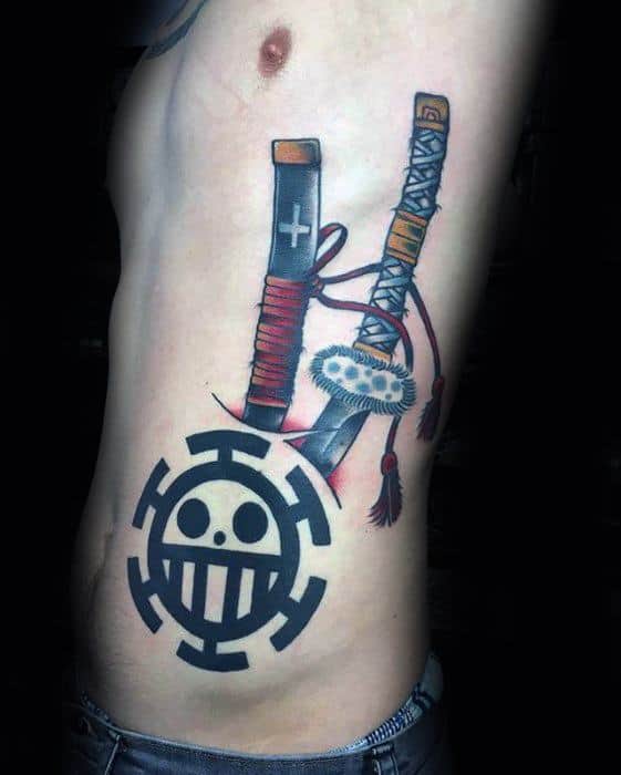 Mens One Piece Tattoo On Rib Cage Side With Sword Design