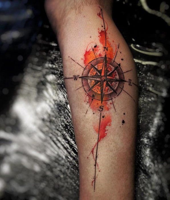 Mens Orange And Black Ink Watercolor Compass Leg Tattoo
