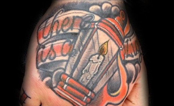 Mens Orange And Grey Shaded Traditional Lantern Hand Tattoo