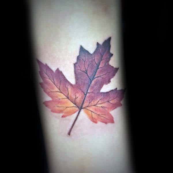Mens Orange And Red Fall Leaf Inenr Forearm Tattoo
