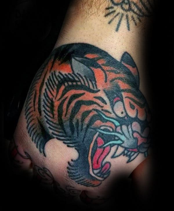 Mens Orange Roaring Tiger Traditional Hand Tattoo