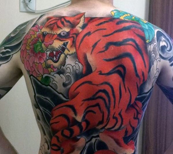 Men's Orange Tiger Tattoo On Back