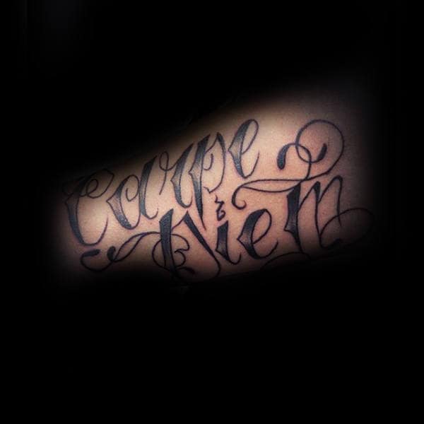 Mens Orante Carpe Diem Word Tattoo On Arm