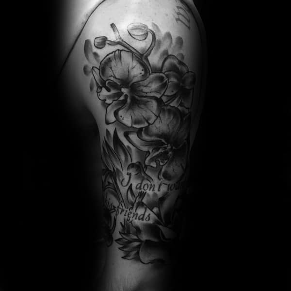 Mens Orchid Upper Arm Flower Tattoos With Shaded Black And Grey Ink Design