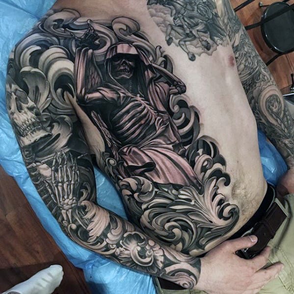 Mens Ornate Skeleton 3d Chest And Sleeve Tattoo Designs