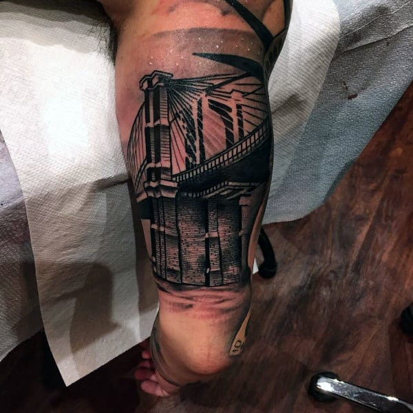 Mens Outer Arm Bicep New York City Brooklyn Bridge Half Sleeve Tattoos