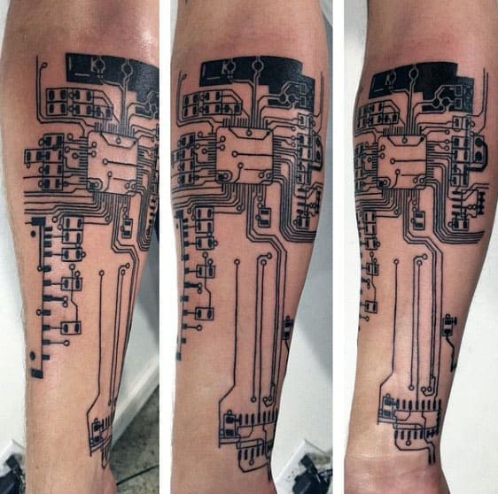 Mens Outer Forearm Circuit Board Tattoo