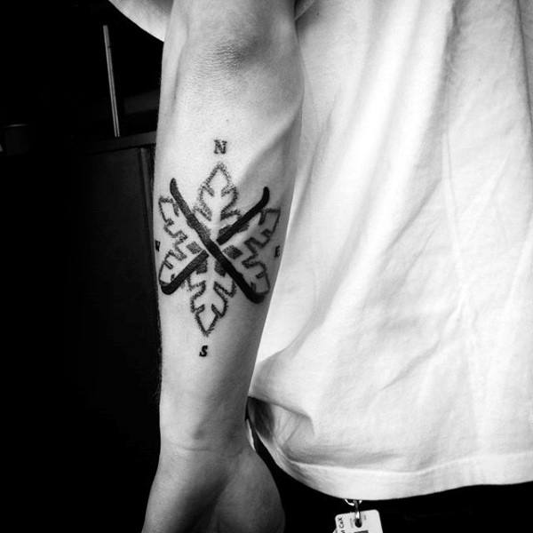 Mens Outer Forearm Crossed Skis Snowflake Compass Tattoo