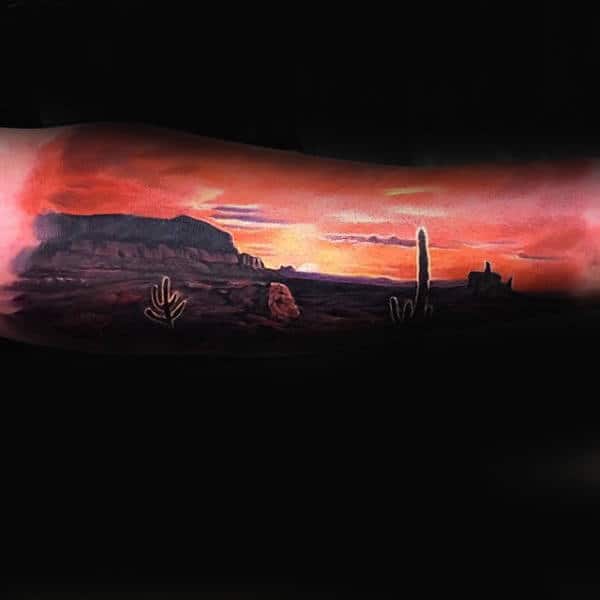 Mens Outer Forearm Desert Sky Tattoos