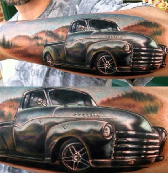 Mens Outer Forearm Hot Rod Truck Tattoo Designs