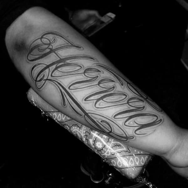 Mens Outer Forearm Last Name Tattoo Ideas