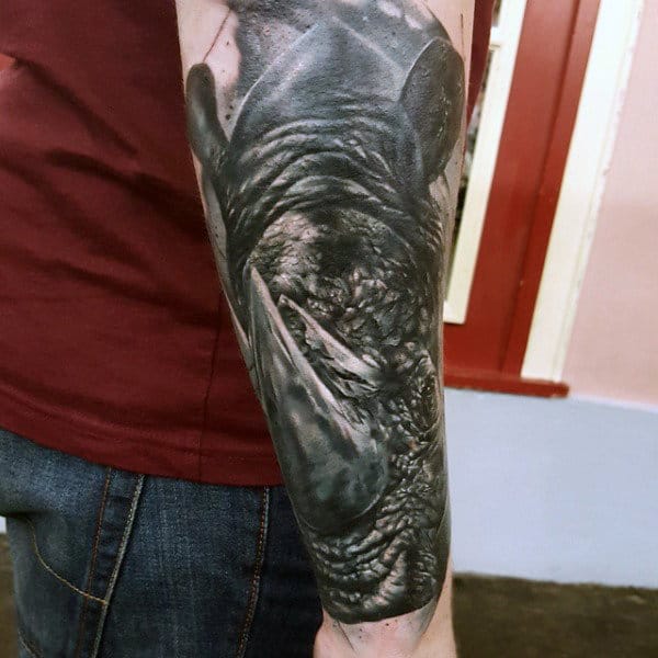 Mens Outer Forearm Rhino Tattoo With 3d Realistic Design