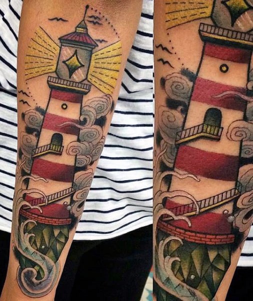 Mens Outer Forearm Tattoo Of Lighthouse