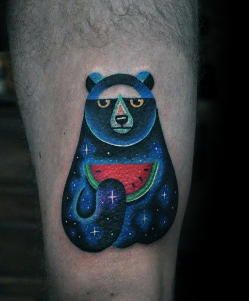 Mens Outer Space Bear Holding Watermelon Thigh Tattoo Design Ideas