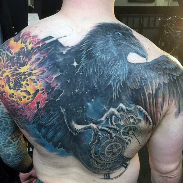 Mens Outer Space Gears Upper Back Crow Tattoos